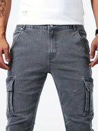 Men's casual denim cargo pants with multi-pocket design, available in Grey, Khaki, Blue and Black