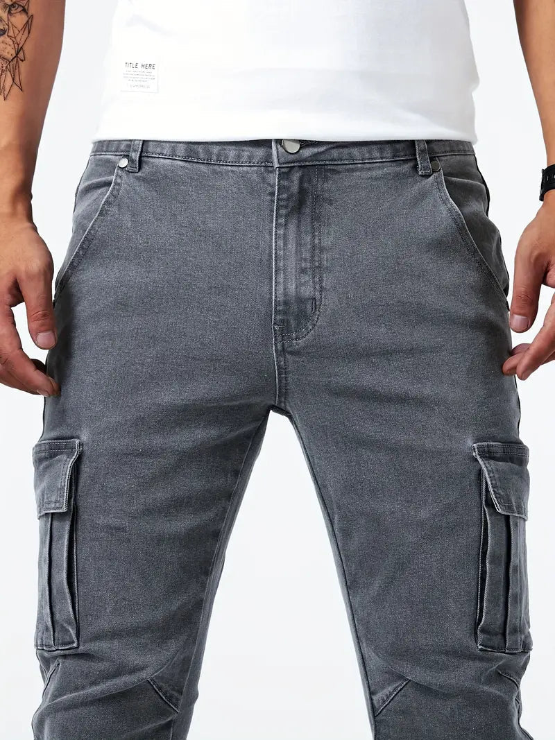 Men's casual denim cargo pants with multi-pocket design, available in Grey, Khaki, Blue and Black