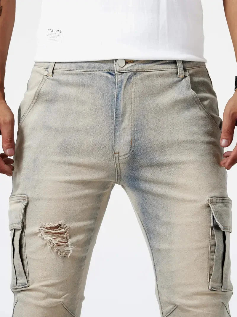 Men's casual denim cargo pants with multi-pocket design, available in Grey, Khaki, Blue and Black