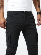 Men's casual denim cargo pants with multi-pocket design, available in Grey, Khaki, Blue and Black
