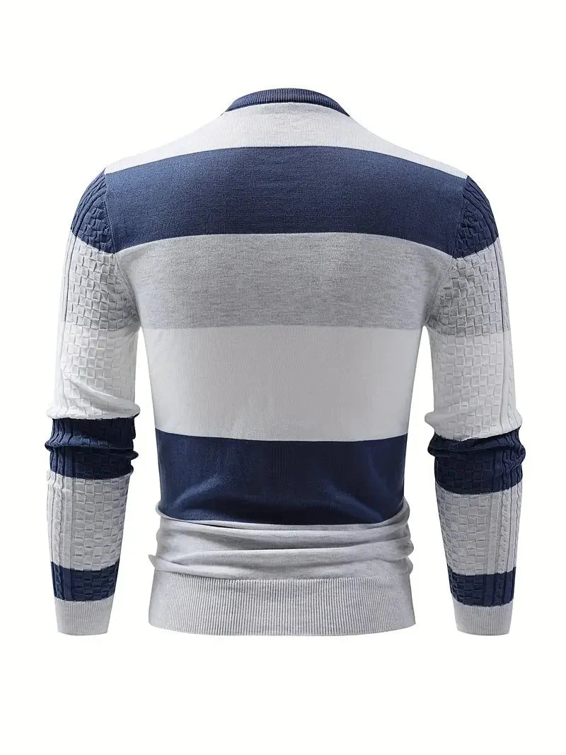 Men striped knit pullover sweater in light grey and black
