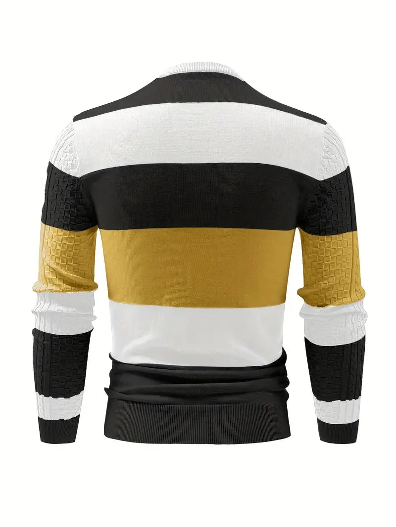 Men striped knit pullover sweater in light grey and black