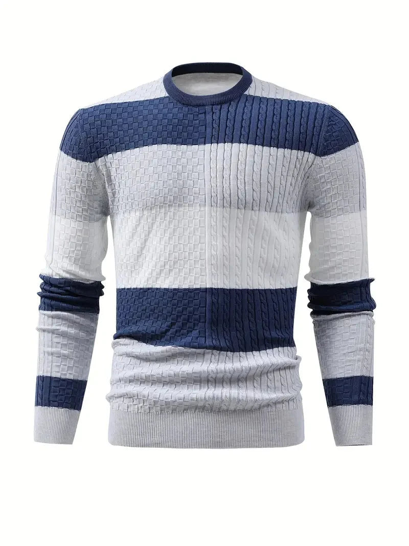 Men striped knit pullover sweater in light grey and black