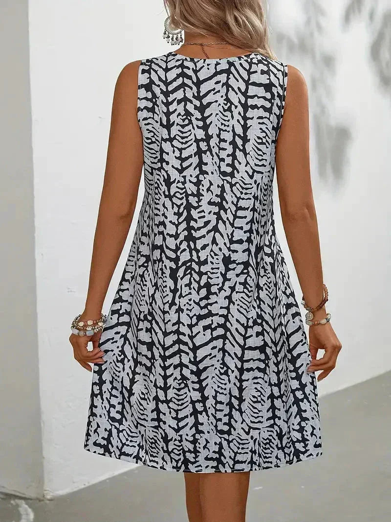 Summer Dress Women Sleeveless Abstract Print V Neck Casual Midi