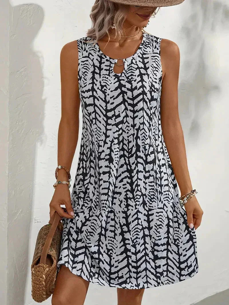 Summer Dress Women Sleeveless Abstract Print V Neck Casual Midi