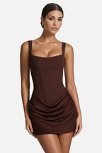 Women mini dress with square neckline ruched draped hem fitted silhouette