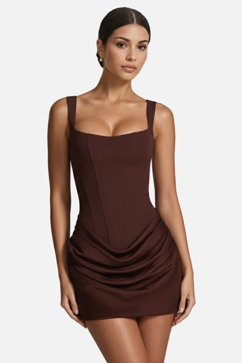 Women mini dress with square neckline ruched draped hem fitted silhouette