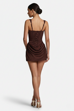 Women mini dress with square neckline ruched draped hem fitted silhouette