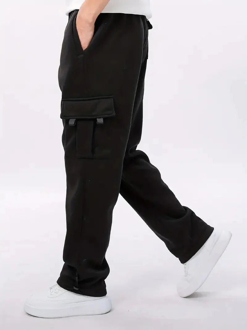 Men cargo jogger pants casual fit in black and grey polyester