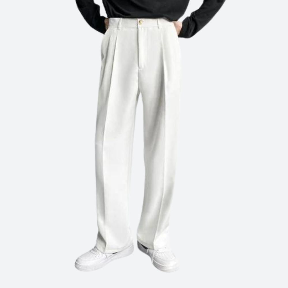 Men dress pants loose fit straight leg pleated in black beige and white