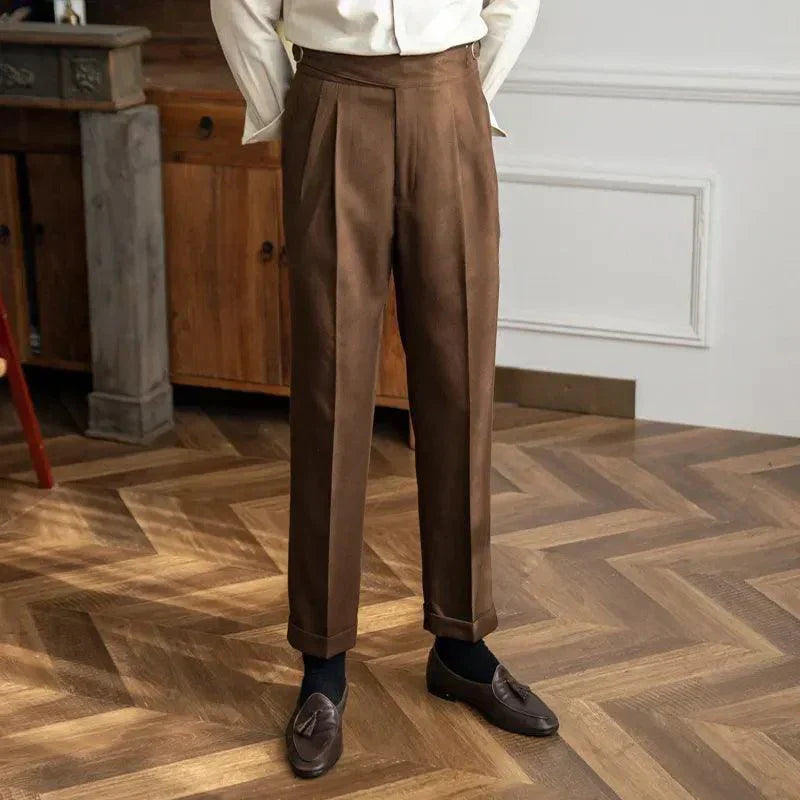 Men pleated trousers adjustable waist straight fit in khaki black and brown