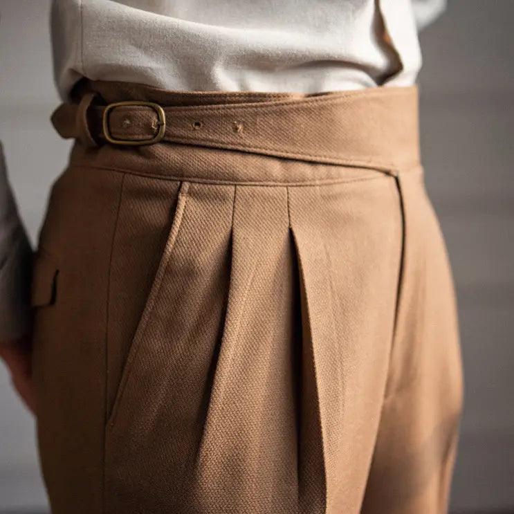 Men pleated trousers adjustable waist straight fit in khaki black and brown