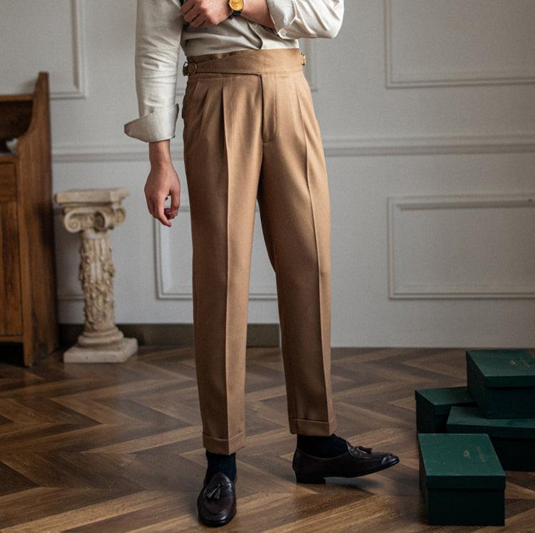 Men pleated trousers adjustable waist straight fit in khaki black and brown