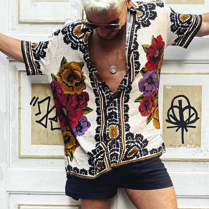 Men printed vintage short sleeve button down shirt in black