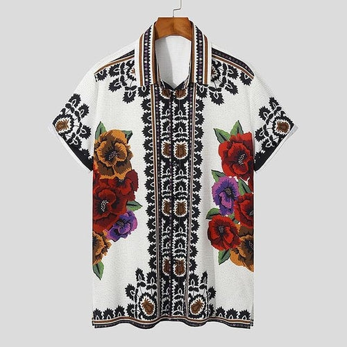 Men printed vintage short sleeve button down shirt in black