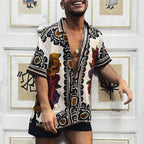 Men printed vintage short sleeve button down shirt in black