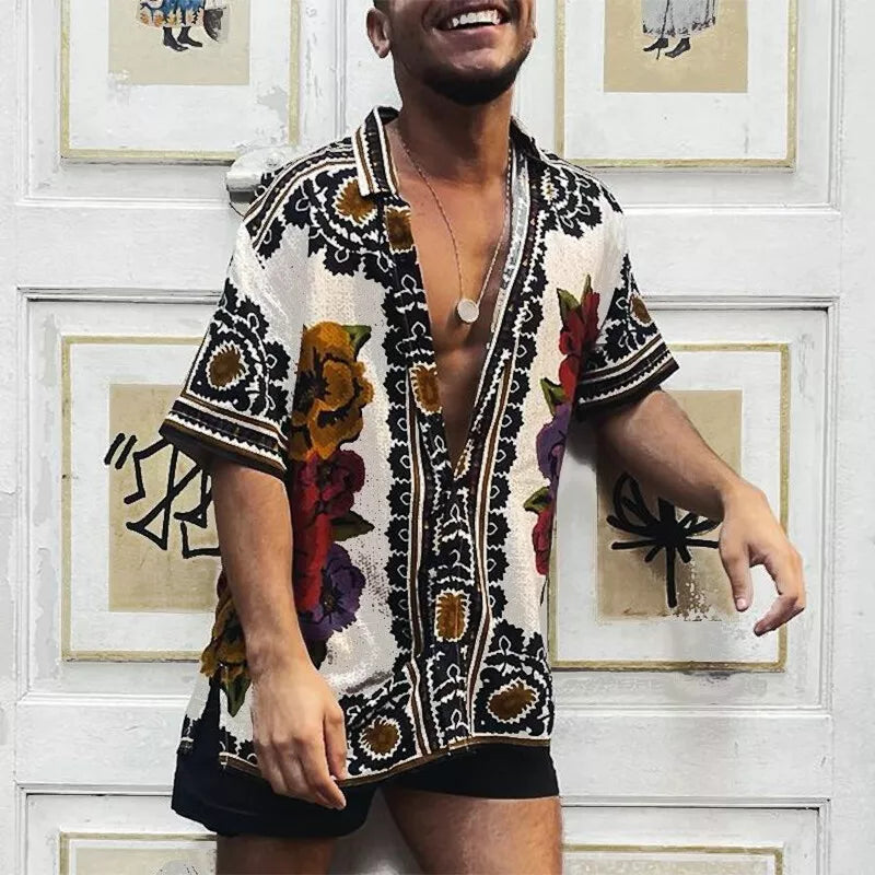 Men printed vintage short sleeve button down shirt in black
