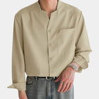 Men long sleeve button down shirt relaxed fit in black brown and beige