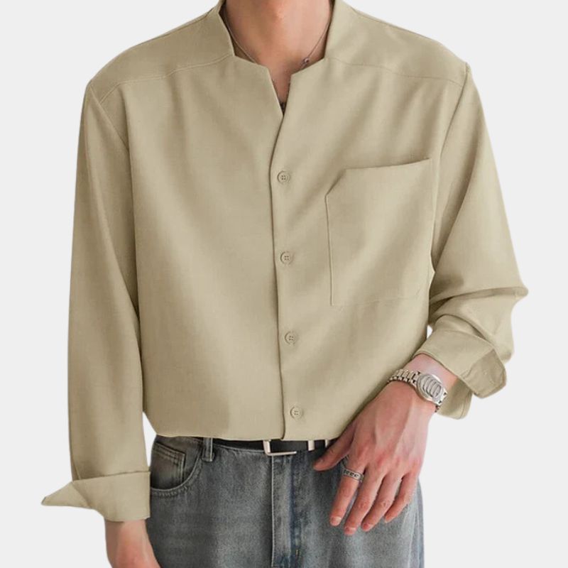 Men long sleeve button down shirt relaxed fit in black brown and beige