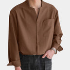 Men long sleeve button down shirt relaxed fit in black brown and beige