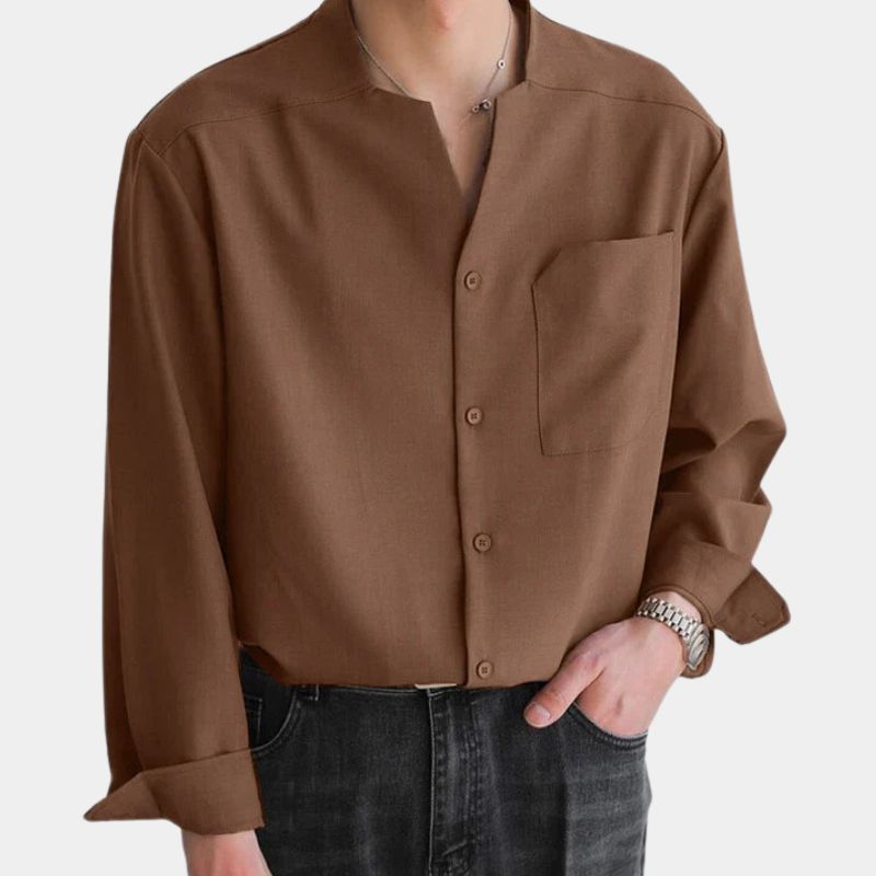 Men long sleeve button down shirt relaxed fit in black brown and beige