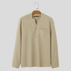 Men long sleeve button down shirt relaxed fit in black brown and beige