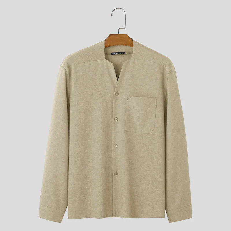 Men long sleeve button down shirt relaxed fit in black brown and beige