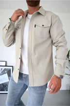 Men long sleeve button-up overshirt with chest pockets in multiple colors