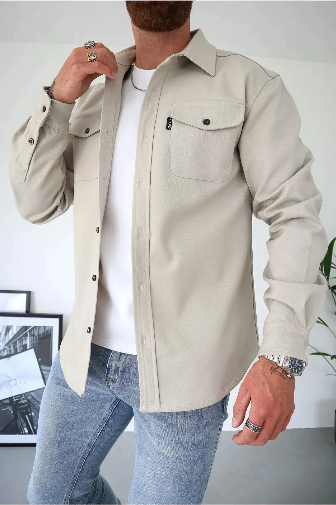 Men long sleeve button-up overshirt with chest pockets in multiple colors