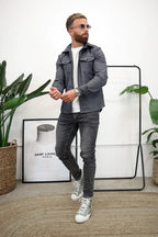 Men long sleeve button-up overshirt with chest pockets in multiple colors
