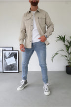 Men long sleeve button-up overshirt with chest pockets in multiple colors