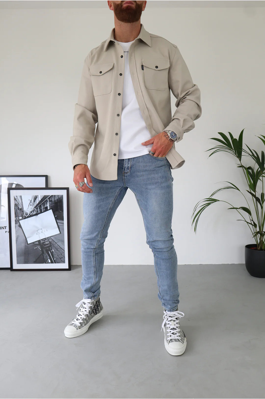Men long sleeve button-up overshirt with chest pockets in multiple colors