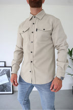 Men long sleeve button-up overshirt with chest pockets in multiple colors