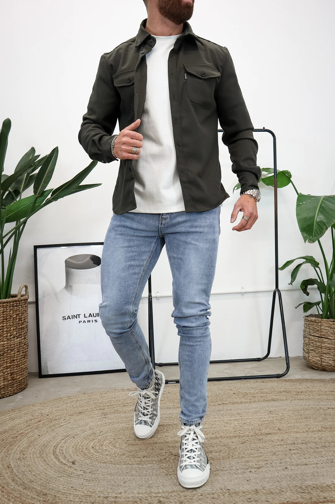 Men long sleeve button-up overshirt with chest pockets in multiple colors