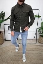 Men long sleeve button-up overshirt with chest pockets in multiple colors