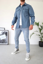 Men long sleeve button-up overshirt with chest pockets in multiple colors