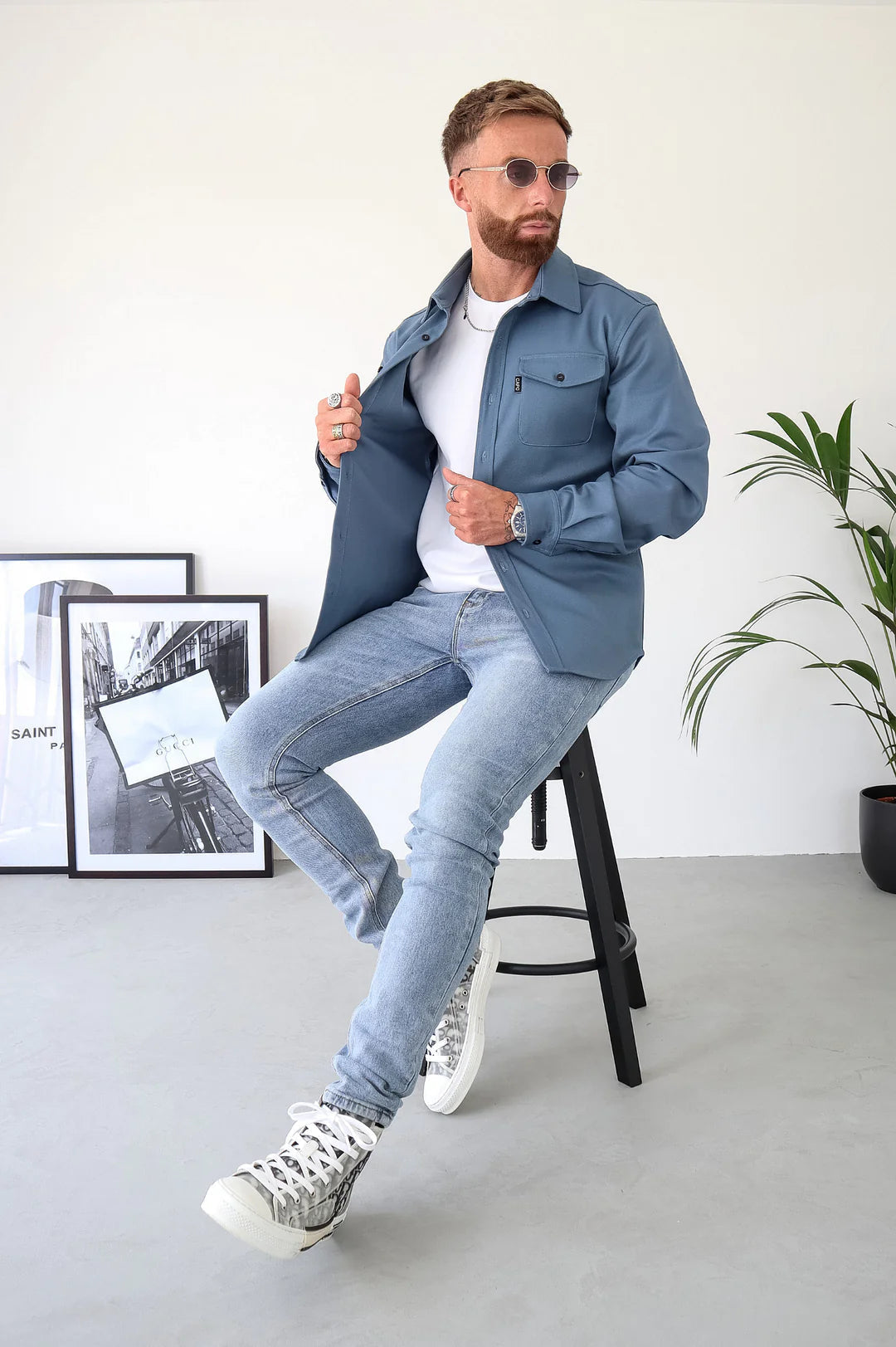 Men long sleeve button-up overshirt with chest pockets in multiple colors