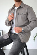 Men long sleeve button-up overshirt with chest pockets in multiple colors