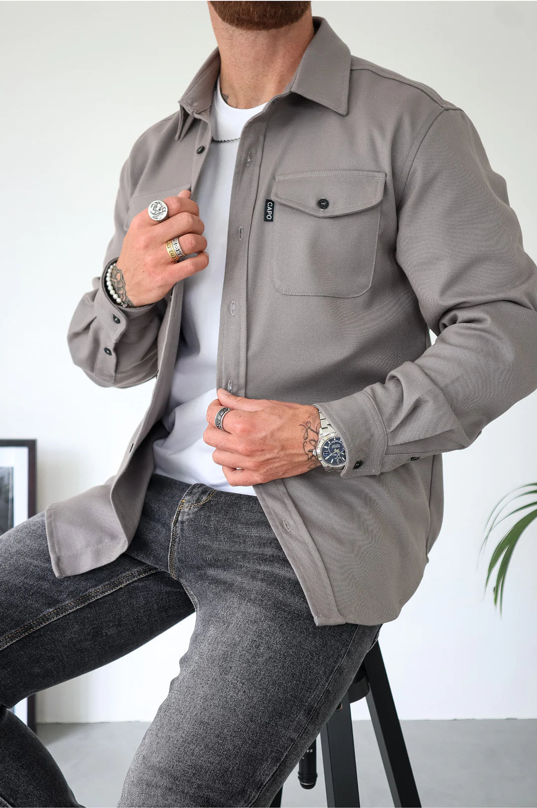 Men long sleeve button-up overshirt with chest pockets in multiple colors