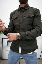 Men long sleeve button-up overshirt with chest pockets in multiple colors
