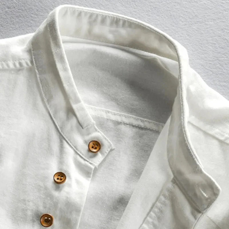 Men linen cotton button-up shirt Japanese style long sleeve in navy and grey