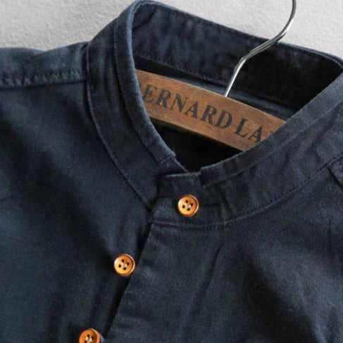 Men linen cotton button-up shirt Japanese style long sleeve in navy and grey