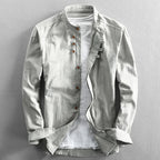 Men linen cotton button-up shirt Japanese style long sleeve in navy and grey