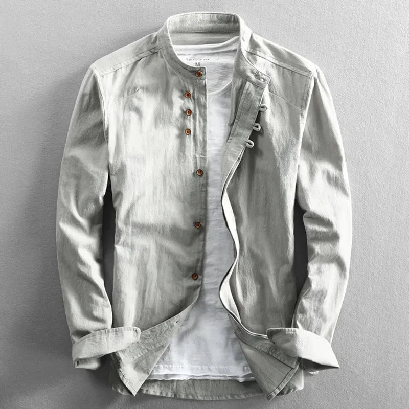Men linen cotton button-up shirt Japanese style long sleeve in navy and grey