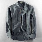 Men linen cotton button-up shirt Japanese style long sleeve in navy and grey