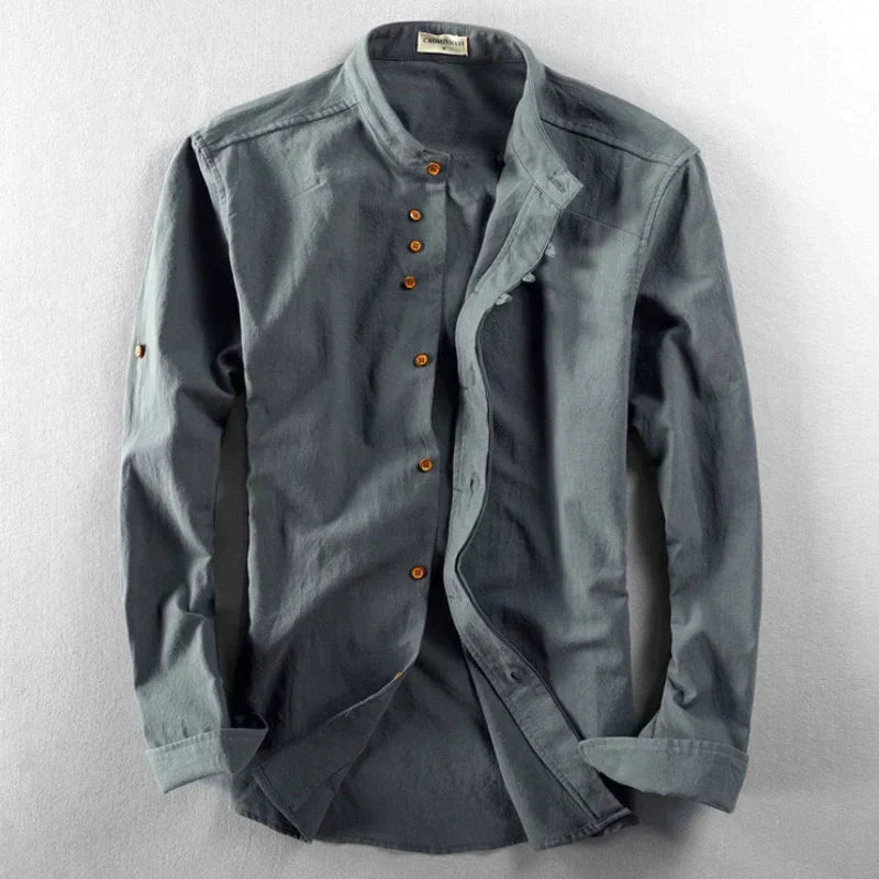 Men linen cotton button-up shirt Japanese style long sleeve in navy and grey