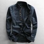 Men linen cotton button-up shirt Japanese style long sleeve in navy and grey