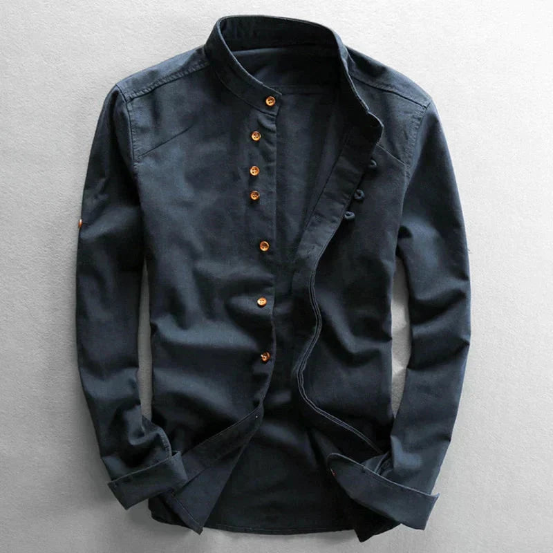 Men linen cotton button-up shirt Japanese style long sleeve in navy and grey