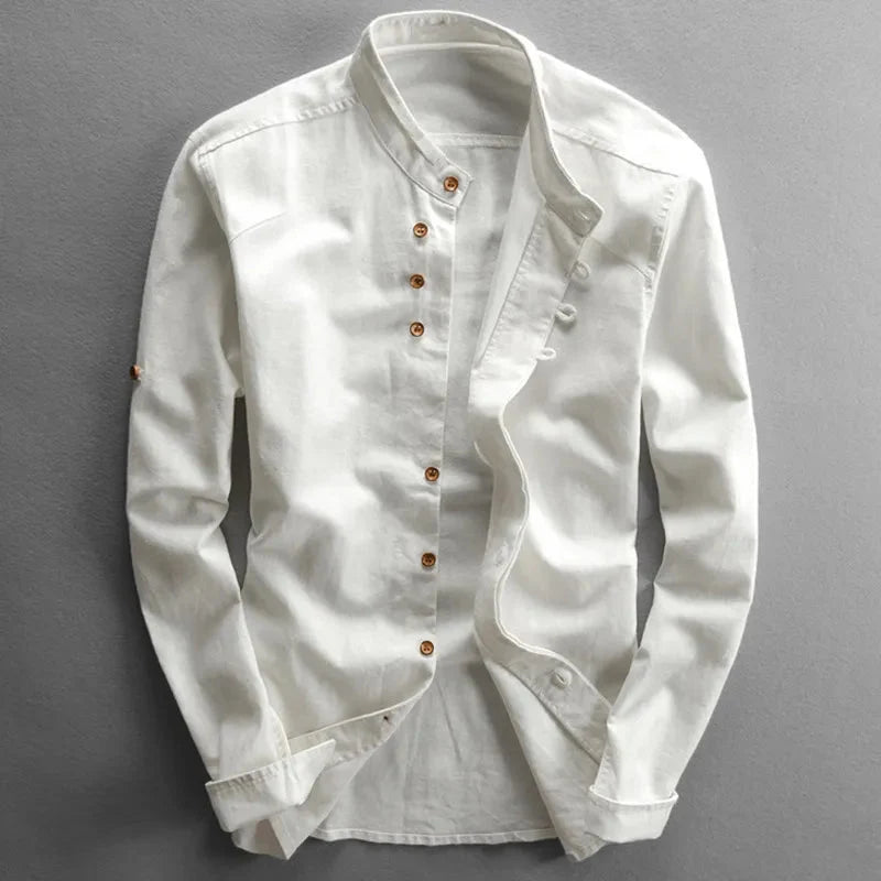 Men linen cotton button-up shirt Japanese style long sleeve in navy and grey