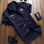 Men short sleeve button up cargo shirt with chest pockets in khaki
